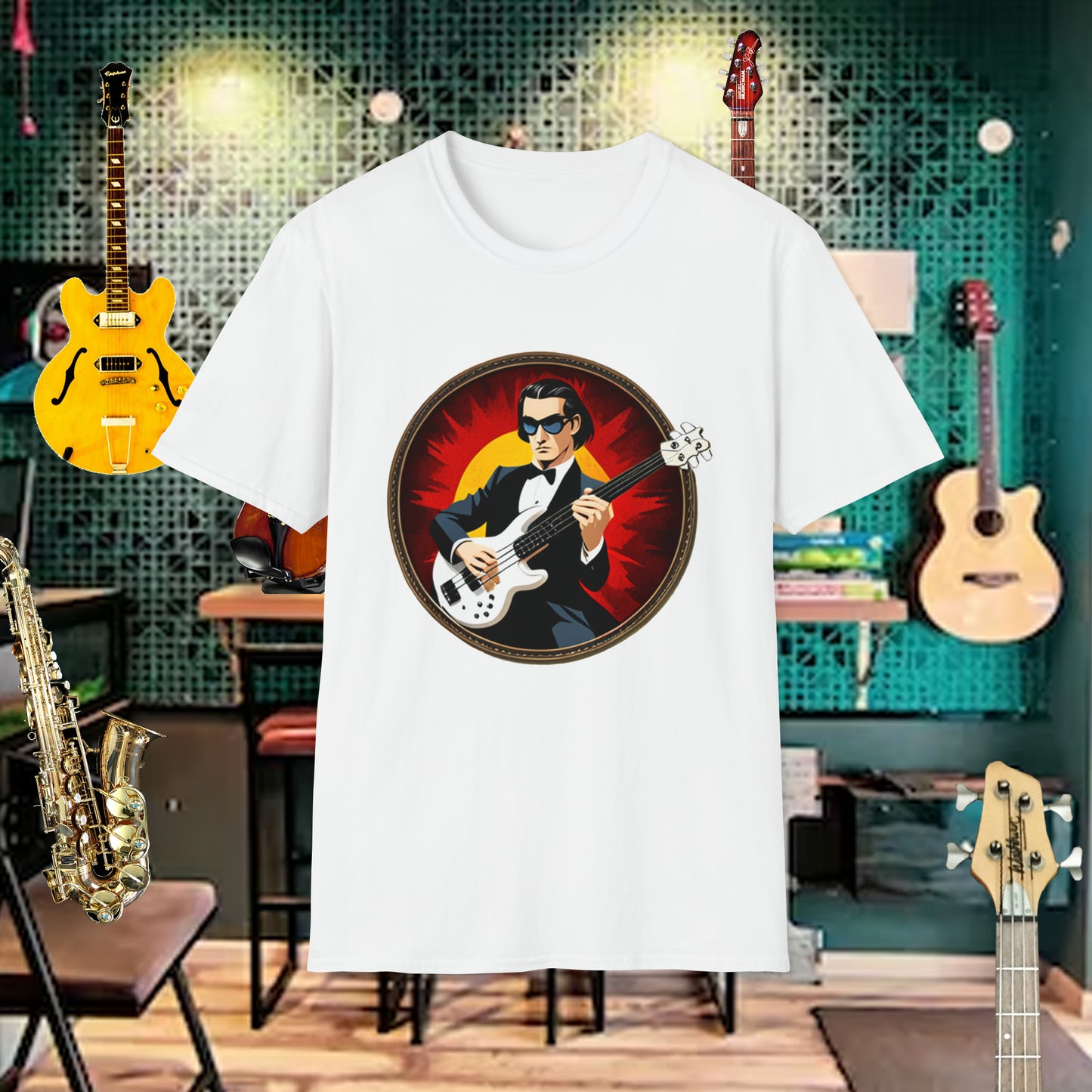 Tshirt-Bass Player White Bass In Circle