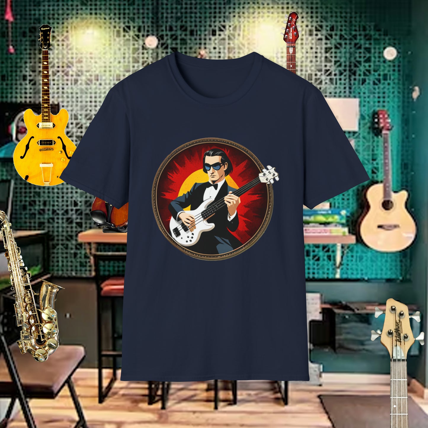 Tshirt-Bass Player White Bass In Circle